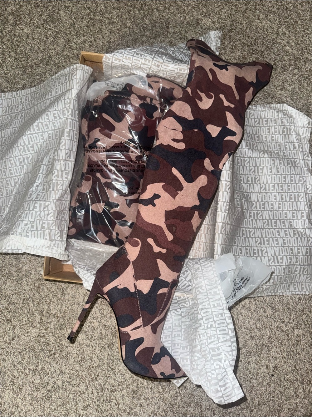 Steve Madden Pink and Brown Camouflage Over-the-Knee Stiletto Boot